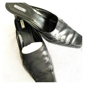 Leather; low heeled slip-on